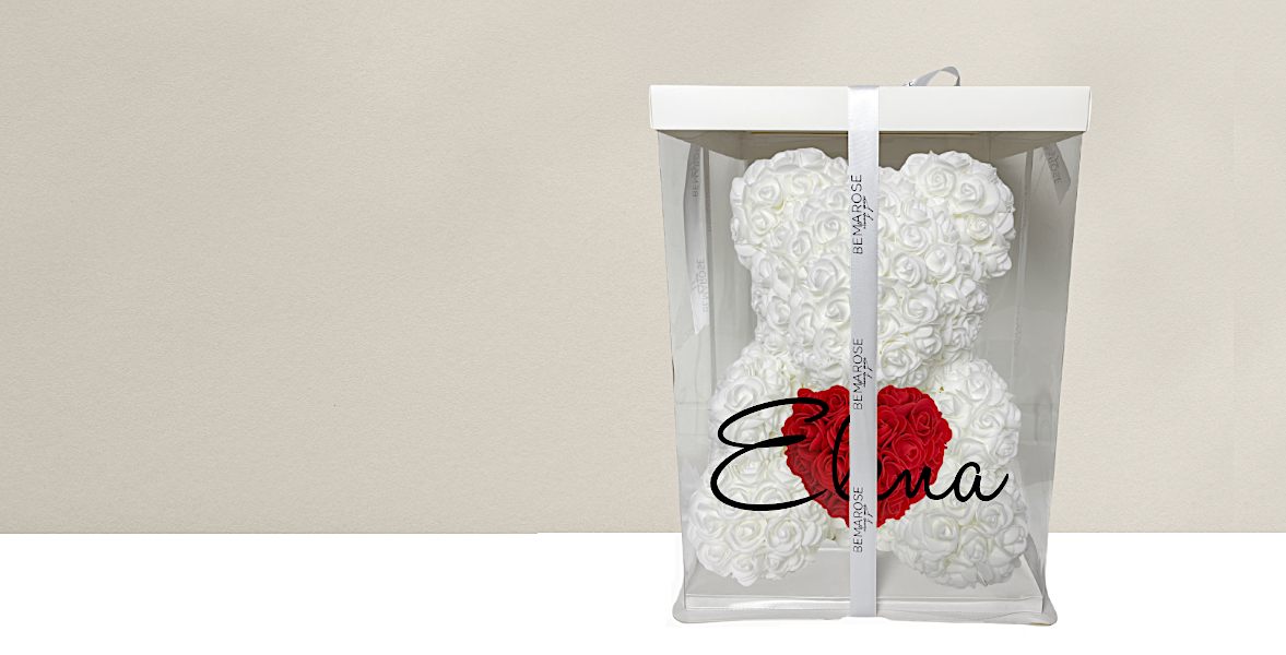 personalisierter Rosenbär mit Geschenkbox weiß mit Herz