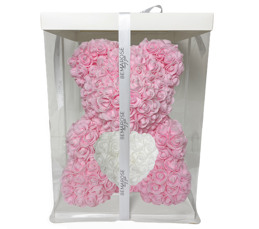 Rosenbär 40 cm rosa Herz weiß in Box