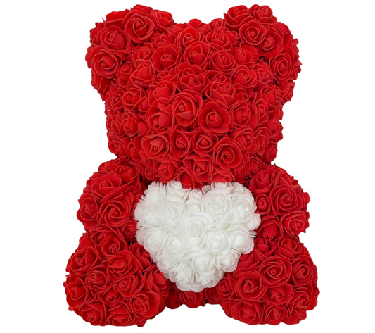 Rosenbär 40 cm rot mit Herz weiß