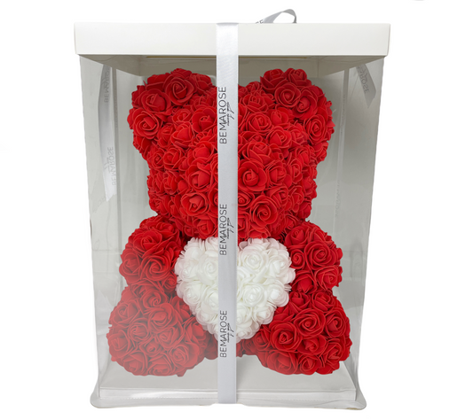 Rosenbär 40 cm rot mit Herz weiß in Box
