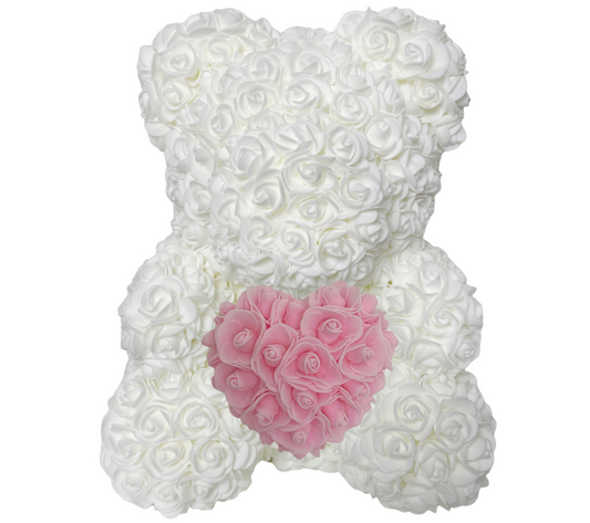 Rosenbär 40 cm weiß Herz rosa