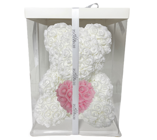 Rosenbär 40 cm weiß Herz rosa in Box