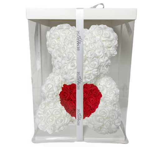 Rosenbär 40 cm weiß Herz rot in Box